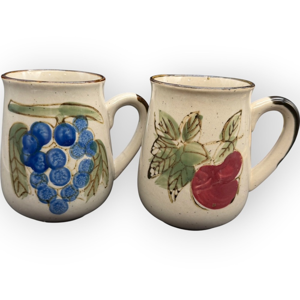2‎ Vtg Otagiri Hand Painted Stoneware Fruit Mugs Apple and Grapes Speckled